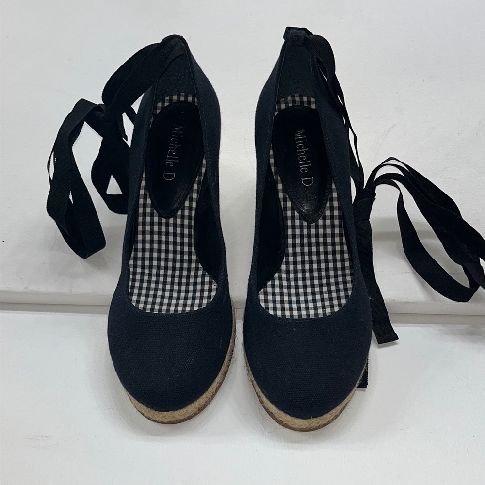 Vintage Y2K Michelle D Black Espadrille Wedges Sz 8